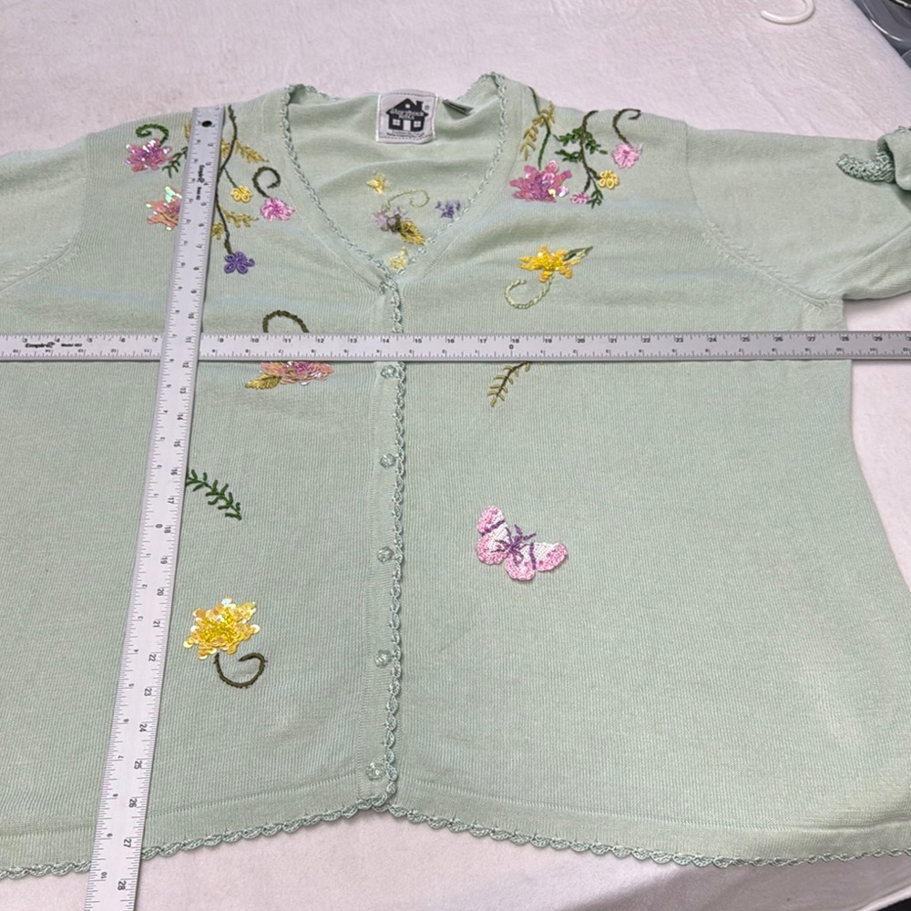 Storybook Knits Pastel Green Cardigan Floral Embroidery Sequins Plus Size 3X - Picture 8 of 12